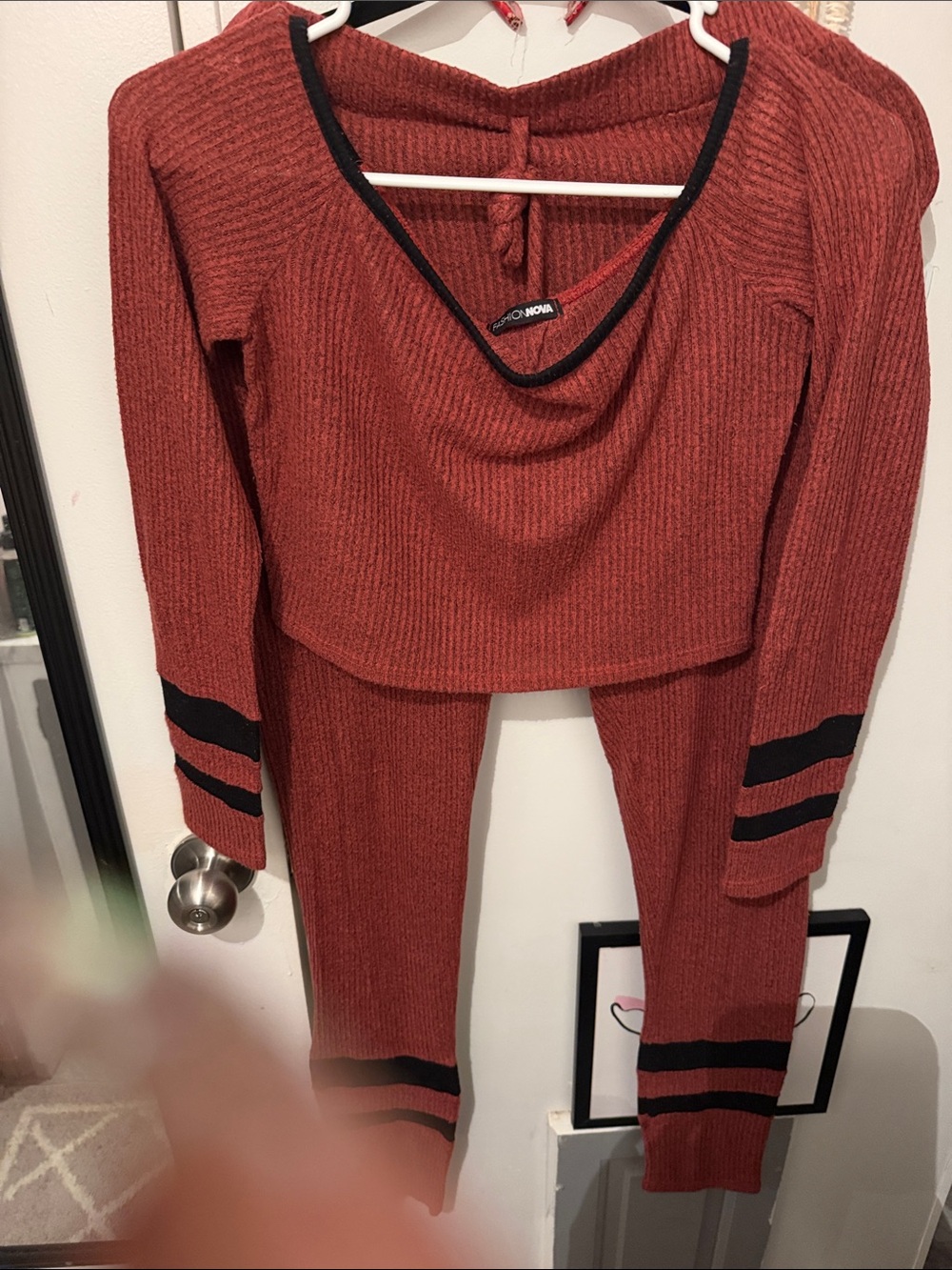 Fashion Nova Rust Ribbed Two-Piece Set with Black Trim